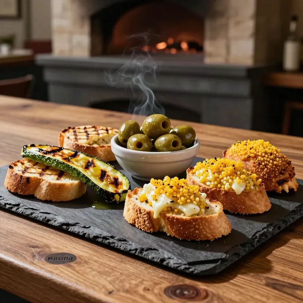 Antipasto di casa con bruschette, olive, zucchine grigliate e due supplì su lavagna.