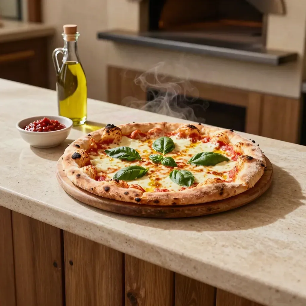 Pizza Margherita su tavola di legno con basilico, olio e vapore caldo in trattoria.