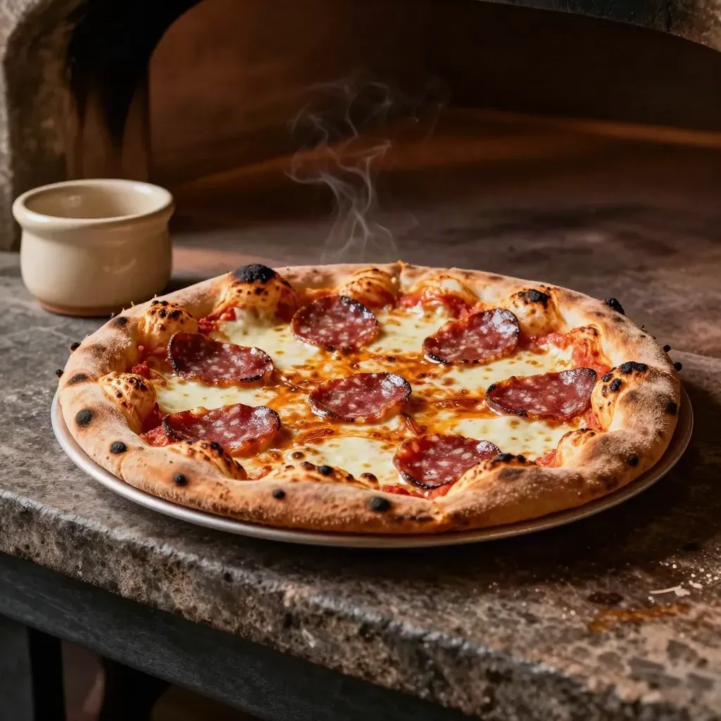Pizza Diavola fumante con salame piccante, mozzarella e pepiera in ceramica.