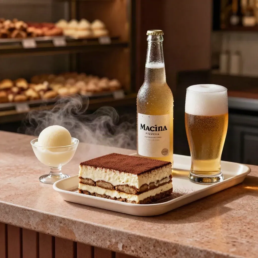 Tiramisù, sorbetto, bibita e birra su un vassoio crema in un locale caldo.