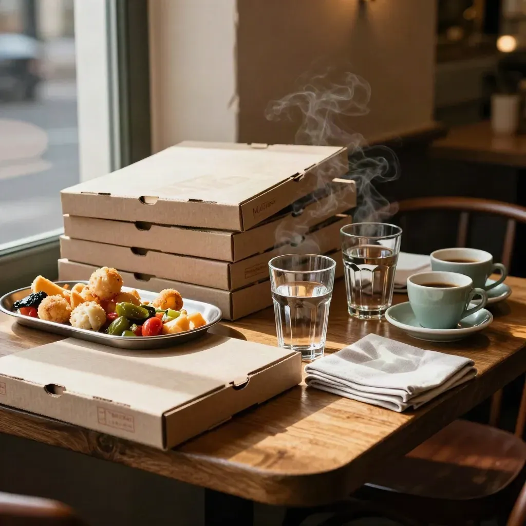 Tavolo pranzo con sei scatole pizza, antipasti, bicchieri d’acqua e caffè in luce calda.