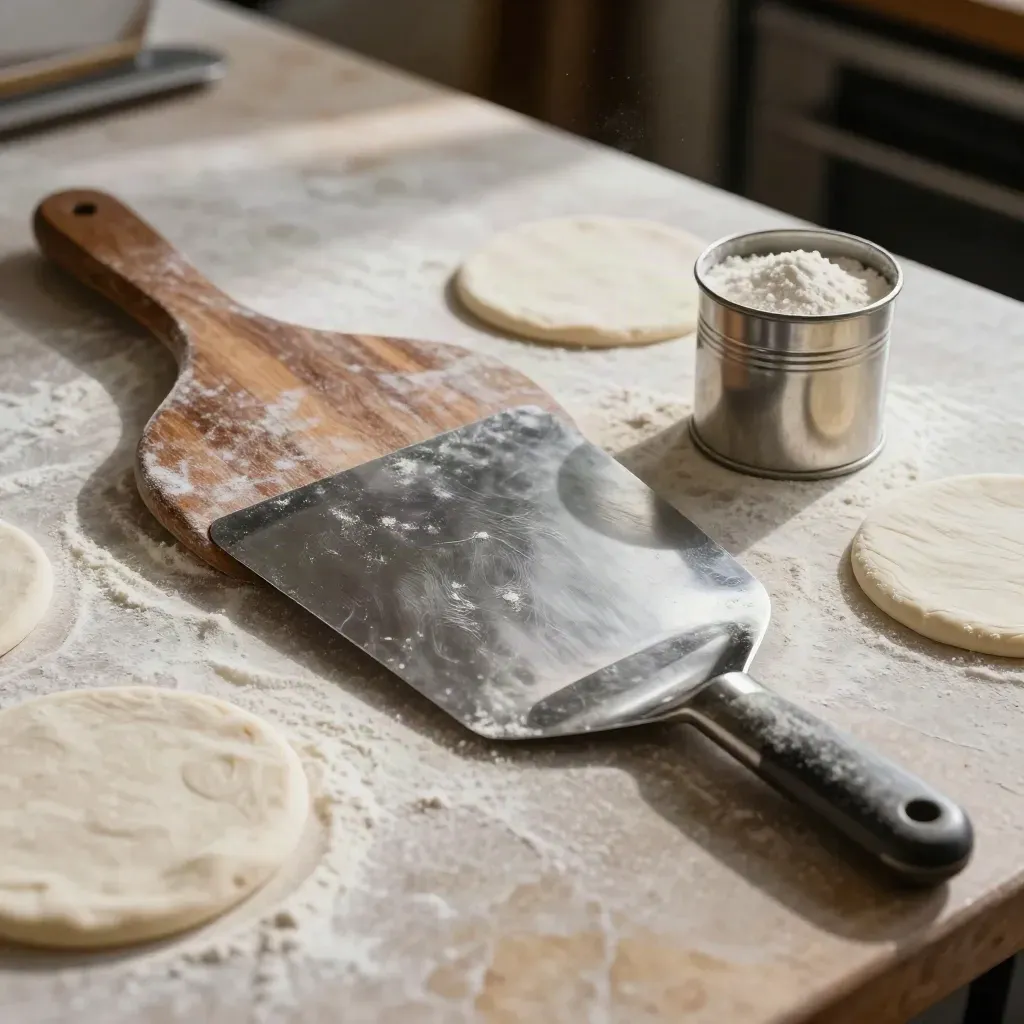 Impasti segnati, pala e raschietto su banco infarinato nella pizzeria