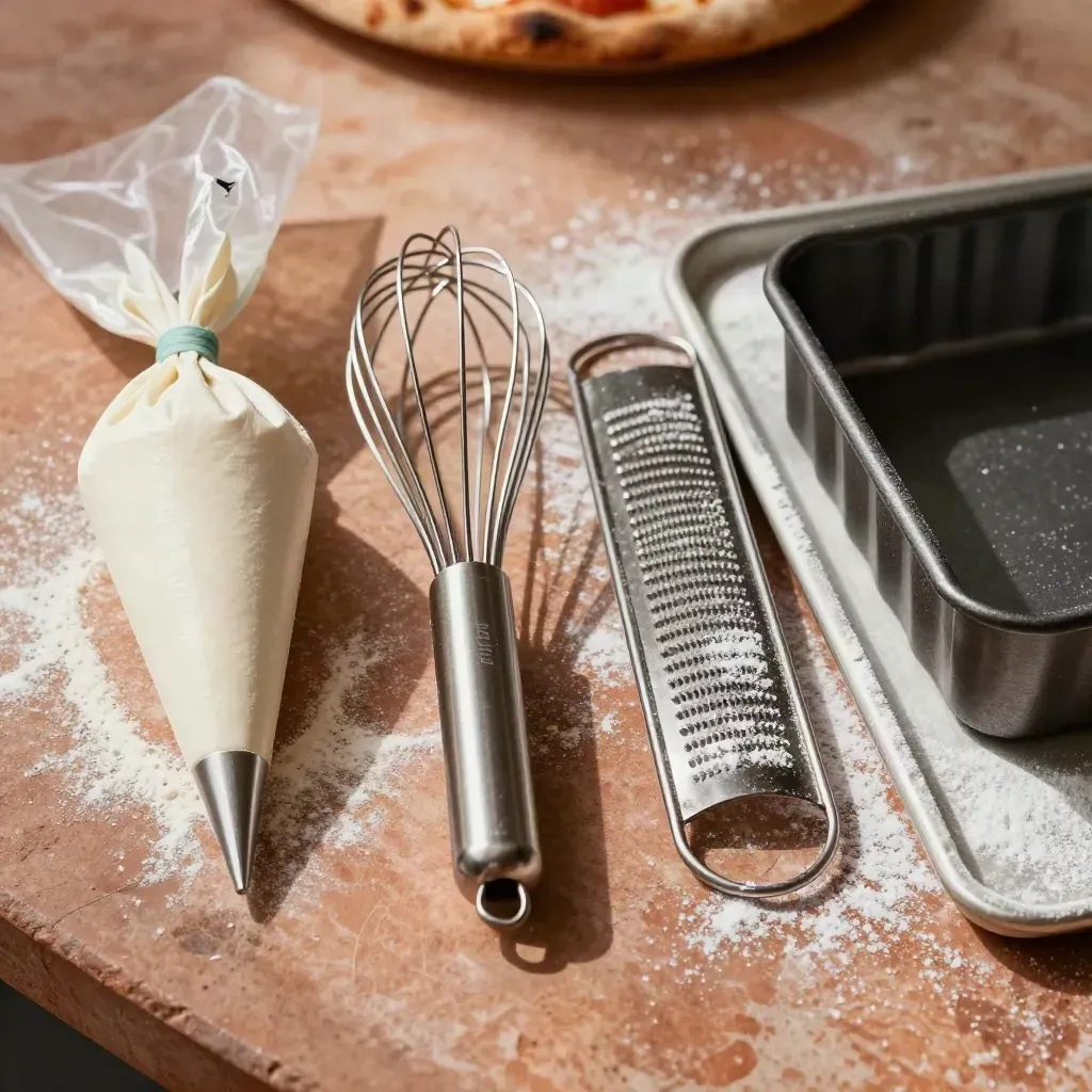 Utensili per dolci con zucchero a velo su piano rustico, luce morbida dall’alto.