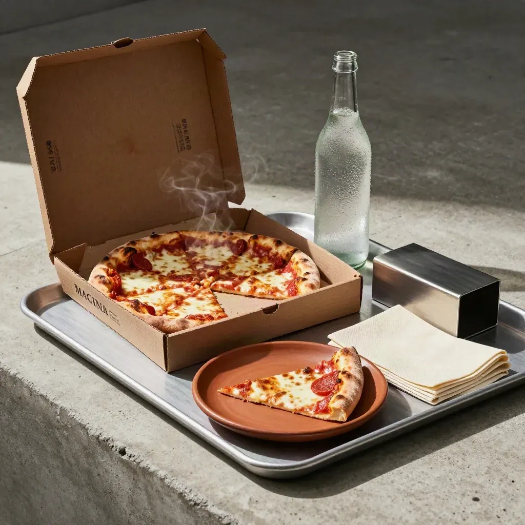 Pizza pronta da consegna con scatola aperta, bottiglia di vetro e tovagliolo su vassoio di pietra.