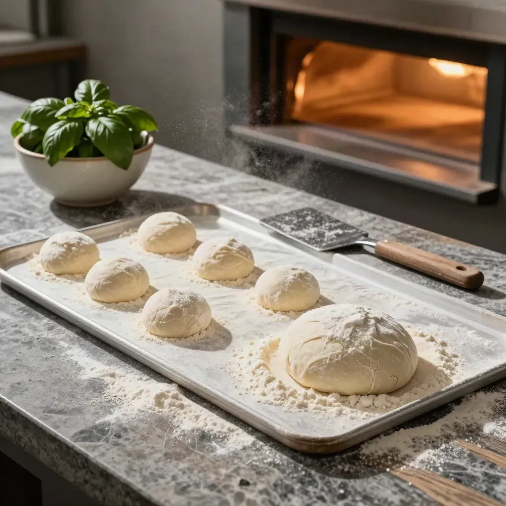 Impasto in lievitazione, scraper infarinato, basilico e forno acceso su banco rustico.