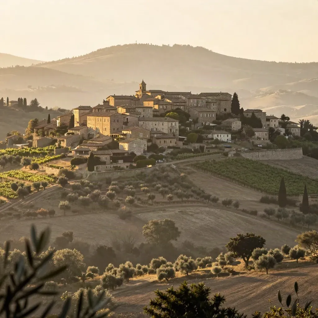 Panoramica al tramonto di Frascati con tetti, vigneti e chiesa in collina.